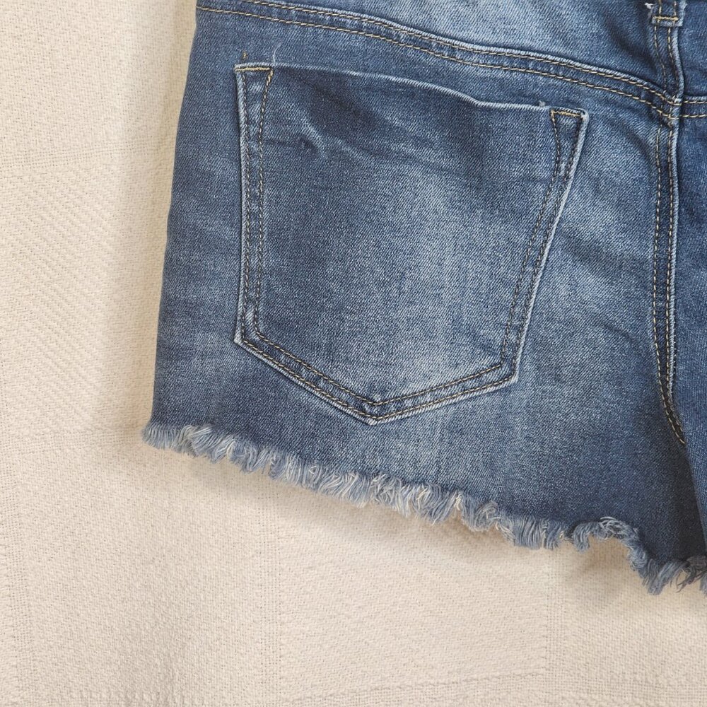 Rue21 Medium Wash Sunshine Cut Out Cotton Poly Viscose Span Cut Off Shorts Sz 12 - Picture 13 of 16